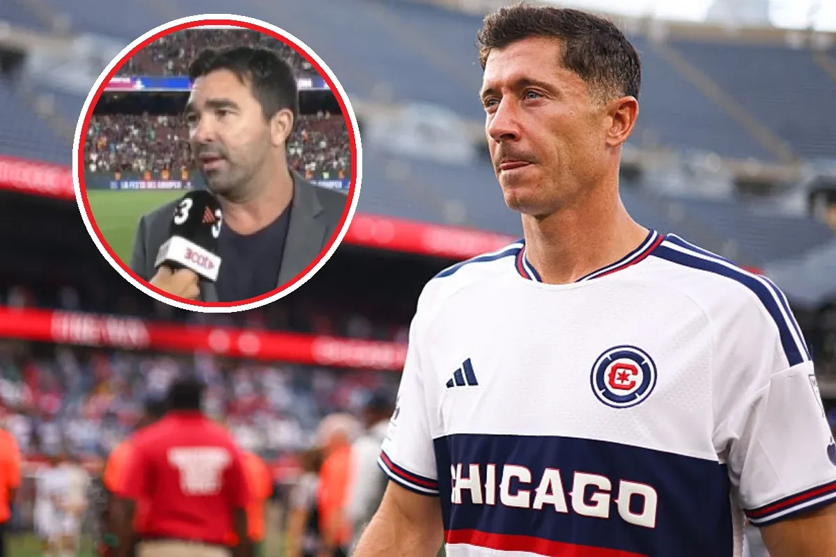 Robert Lewandowski w koszulce Chicago Fire na murawie; w ramce portret Deco podczas wywiadu.