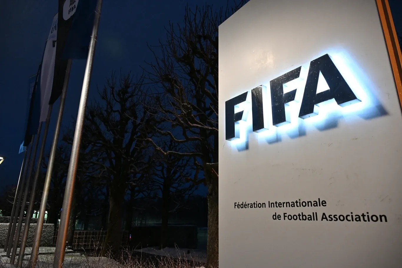 Podświetlone logo FIFA na białym tle obok grupy flag na tle nocnego nieba i bezlistnych drzew.