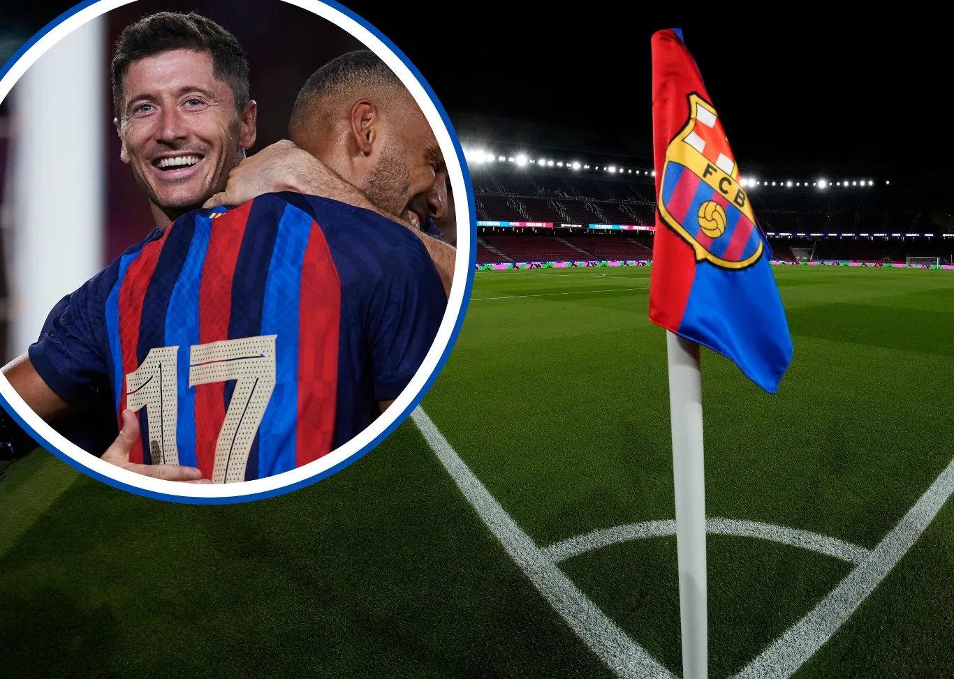 Robert Lewandowski w koszulce FC Barcelony z numerem 17 obejmuje kolegę przy narożniku boiska na Camp Nou.