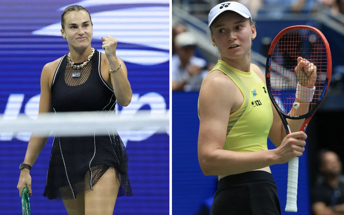 Aryna Sabalenka w czarnej sukience z zaciśniętą pięścią oraz Jelena Rybakina w żółtym topie i białej czapce na korcie